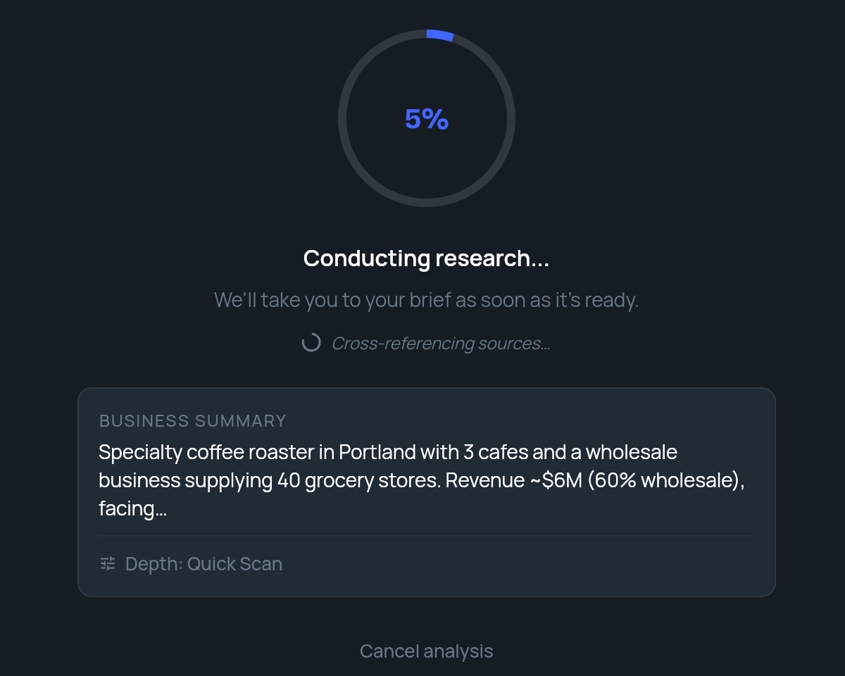 The analysis progress screen with a percentage ring, Conducting research, the business summary card and Cancel analysis