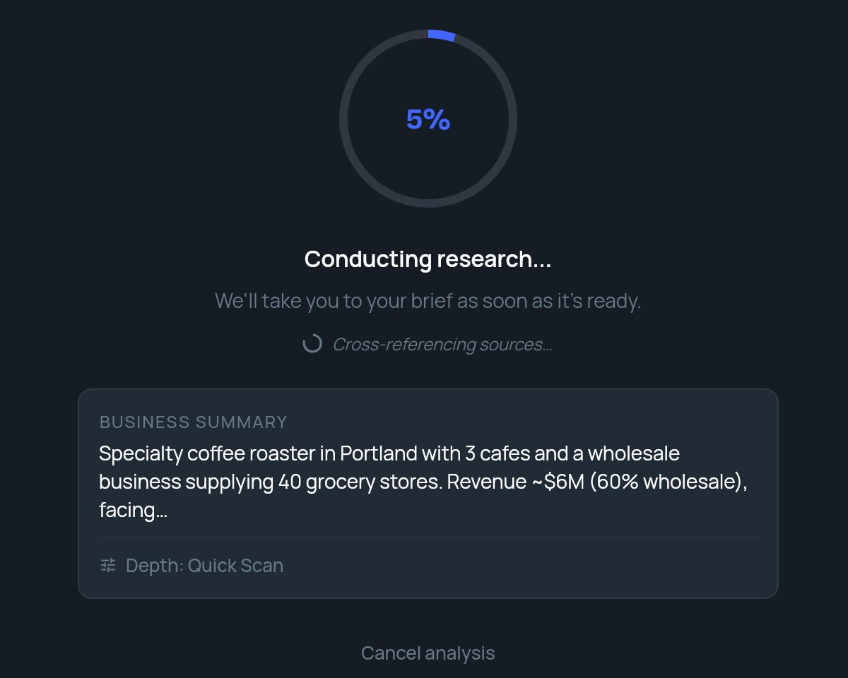 The analysis progress screen with a percentage ring, Conducting research, the business summary card and Cancel analysis