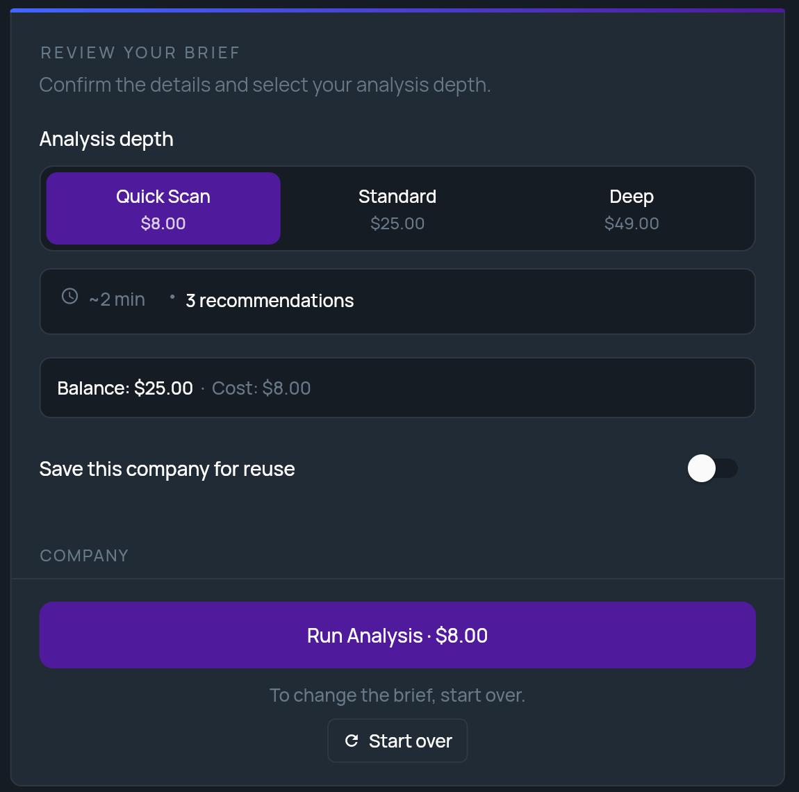 The Review your brief panel after a cancel, with Run Analysis and the line To change the brief, start over, above a Start over button