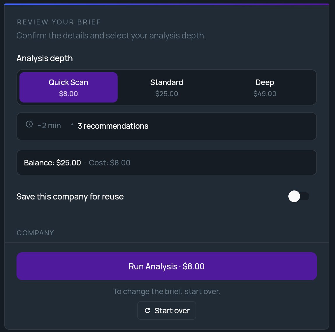 The Review your brief panel after a cancel, with Run Analysis and the line To change the brief, start over, above a Start over button