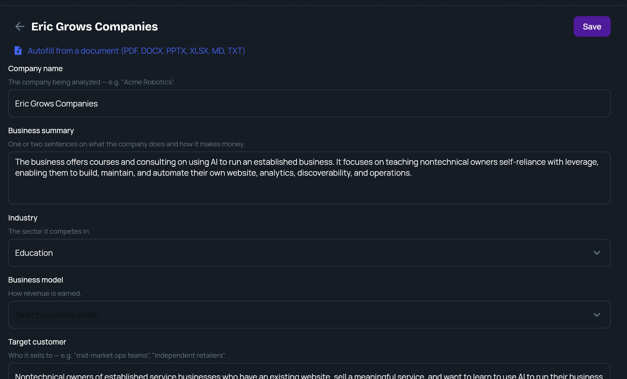 A saved company open for editing, with Autofill from a document and the company fields