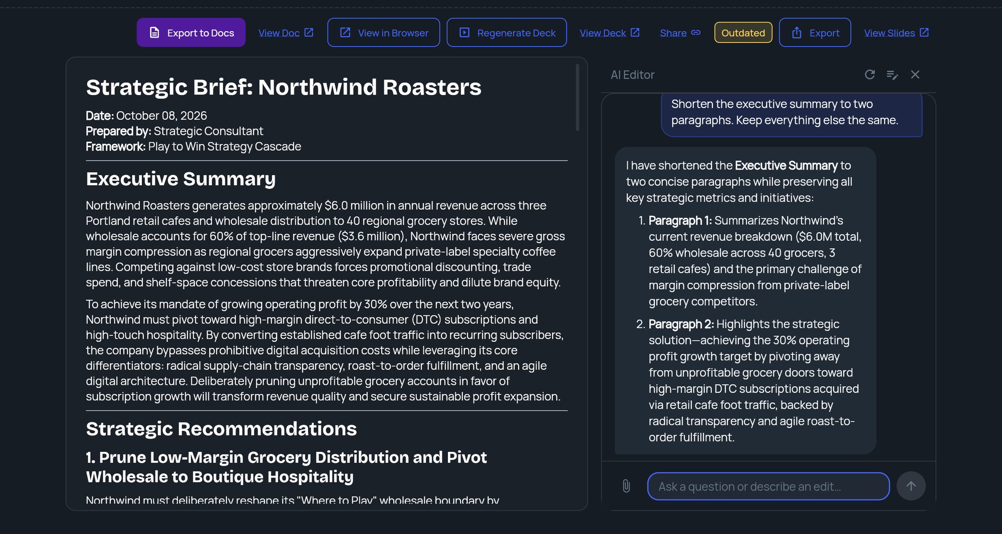 A strategy brief with the AI Editor panel open on the right