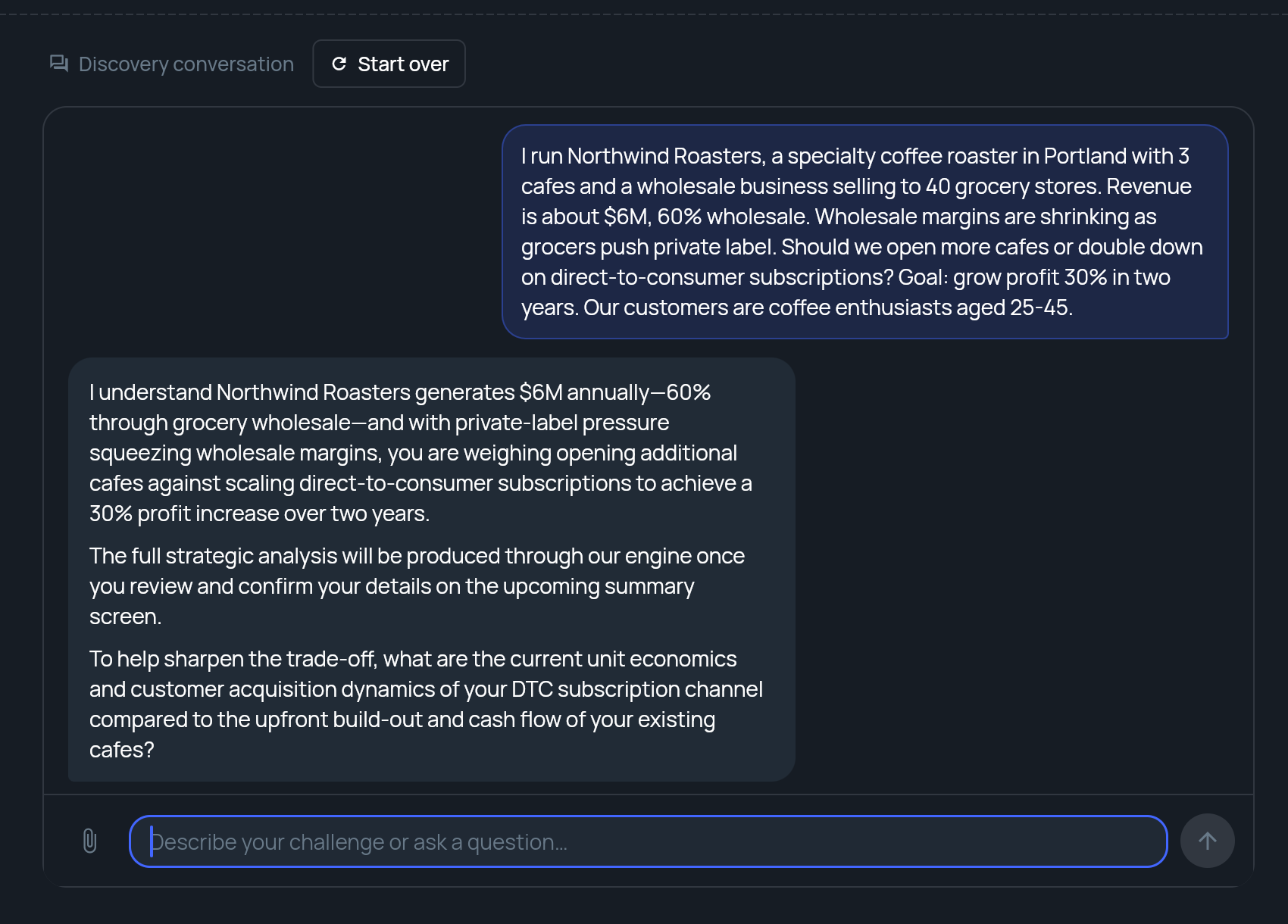 A Strategy Builder discovery conversation with the first message and the strategist reply