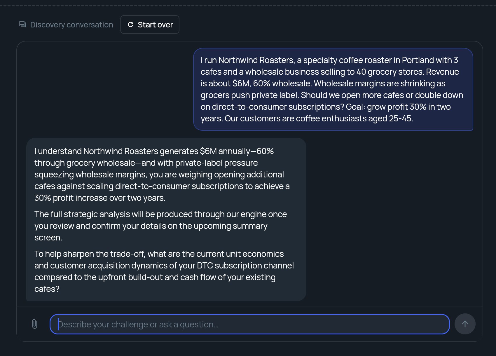 A Strategy Builder discovery conversation with the first message and the strategist reply