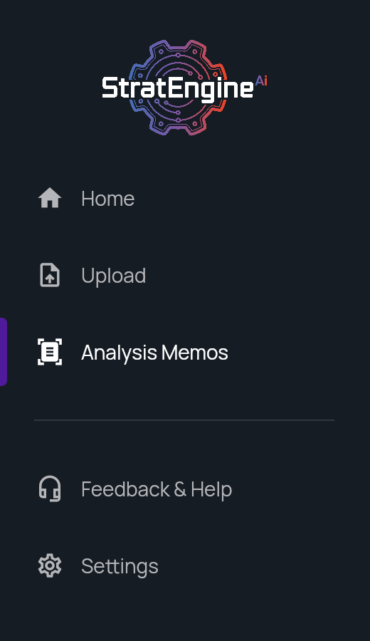 The VC side menu with Home, Upload, Analysis Memos, Feedback & Help and Settings