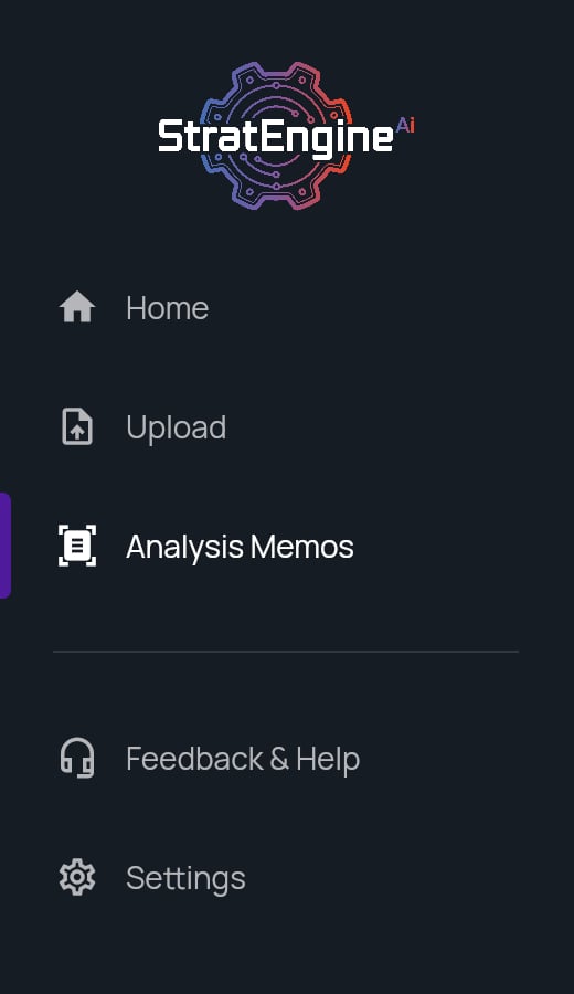 The VC side menu with Home, Upload, Analysis Memos, Feedback & Help and Settings