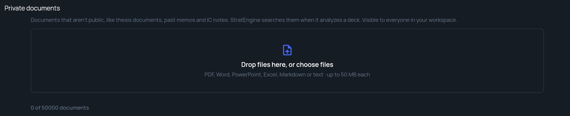 The Private documents section of Settings in VC mode with the drop zone and document count