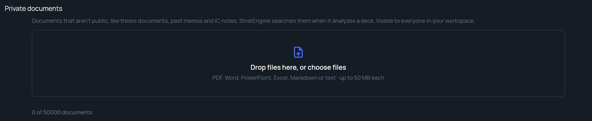 The Private documents section of Settings in VC mode with the drop zone and document count