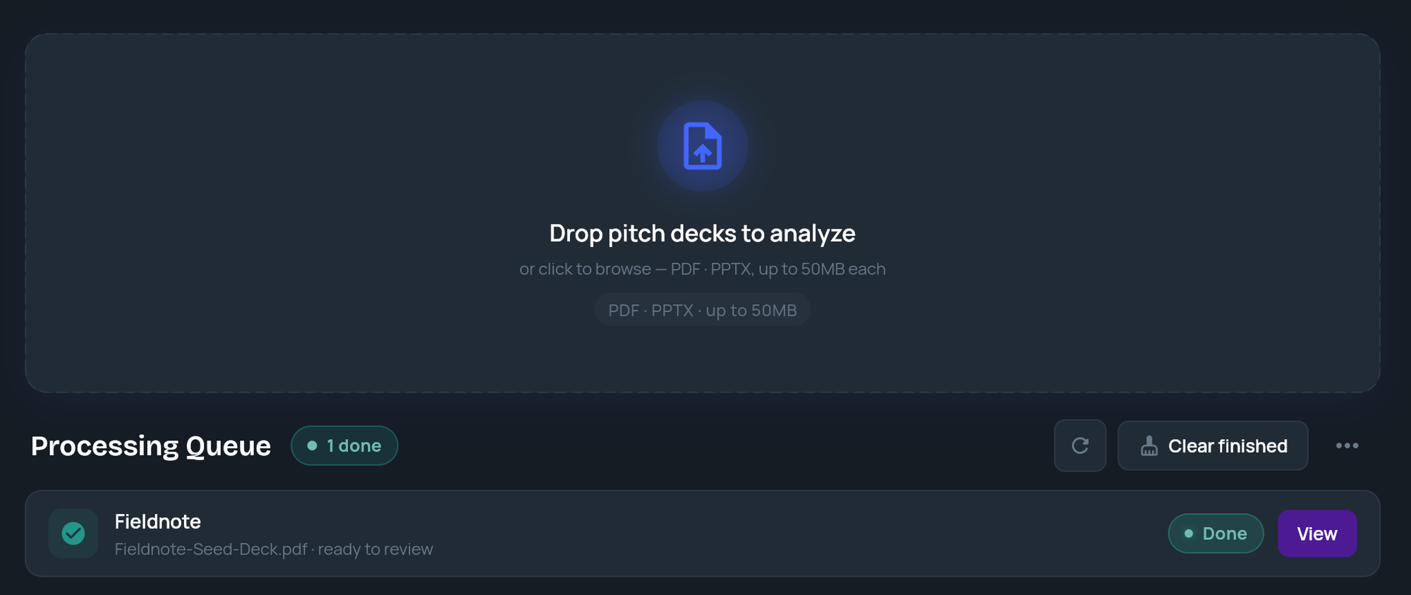 The Processing Queue showing a finished deck marked Done with a View button