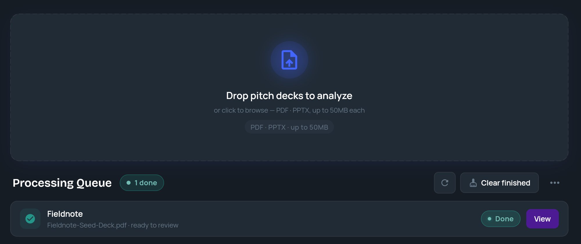 The Processing Queue showing a finished deck marked Done with a View button
