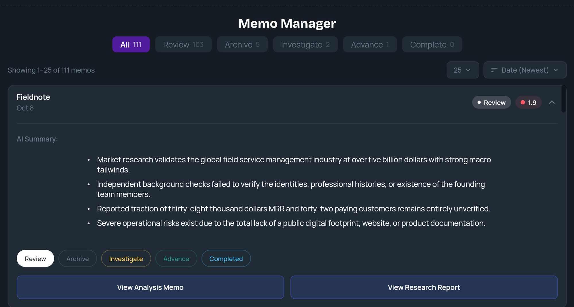 An expanded memo tile in Memo Manager with the AI Summary, status pills and View Analysis Memo and View Research Report