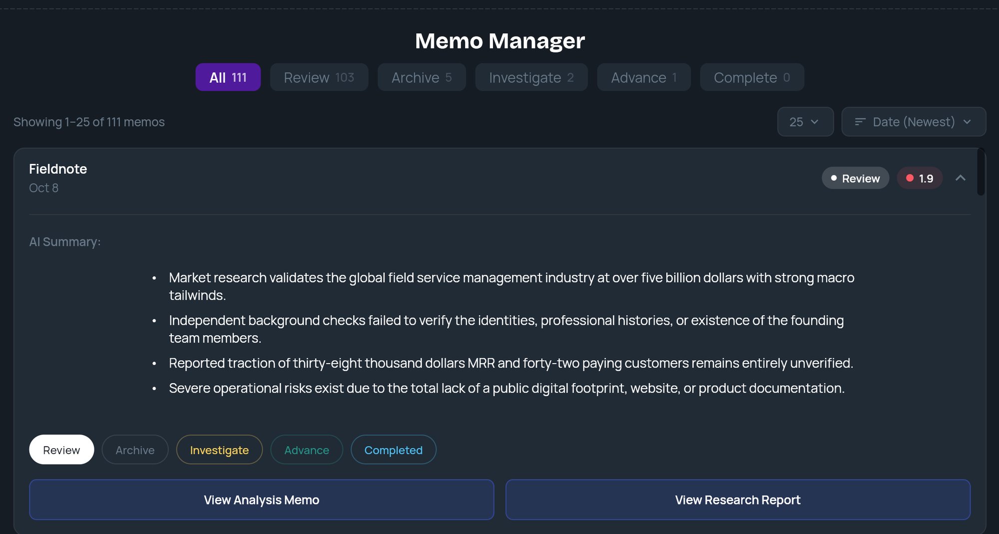 An expanded memo tile in Memo Manager with the AI Summary, status pills and View Analysis Memo and View Research Report