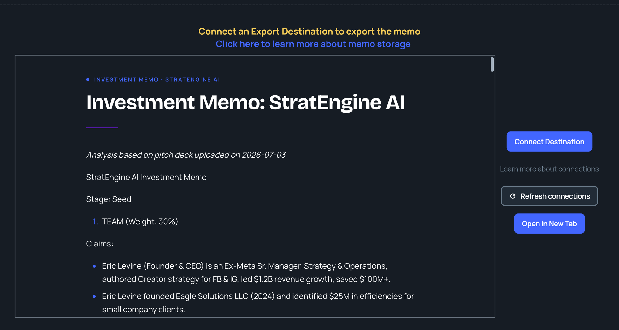 An investment memo open in the app with Connect Destination and Open in New Tab on the right