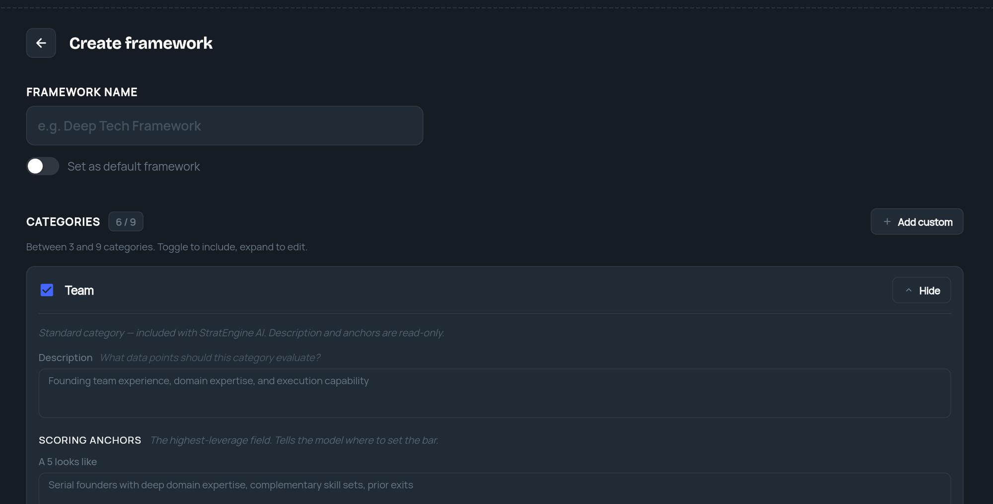 The Create framework page with the framework name, Set as default framework and an expanded category showing its scoring anchors