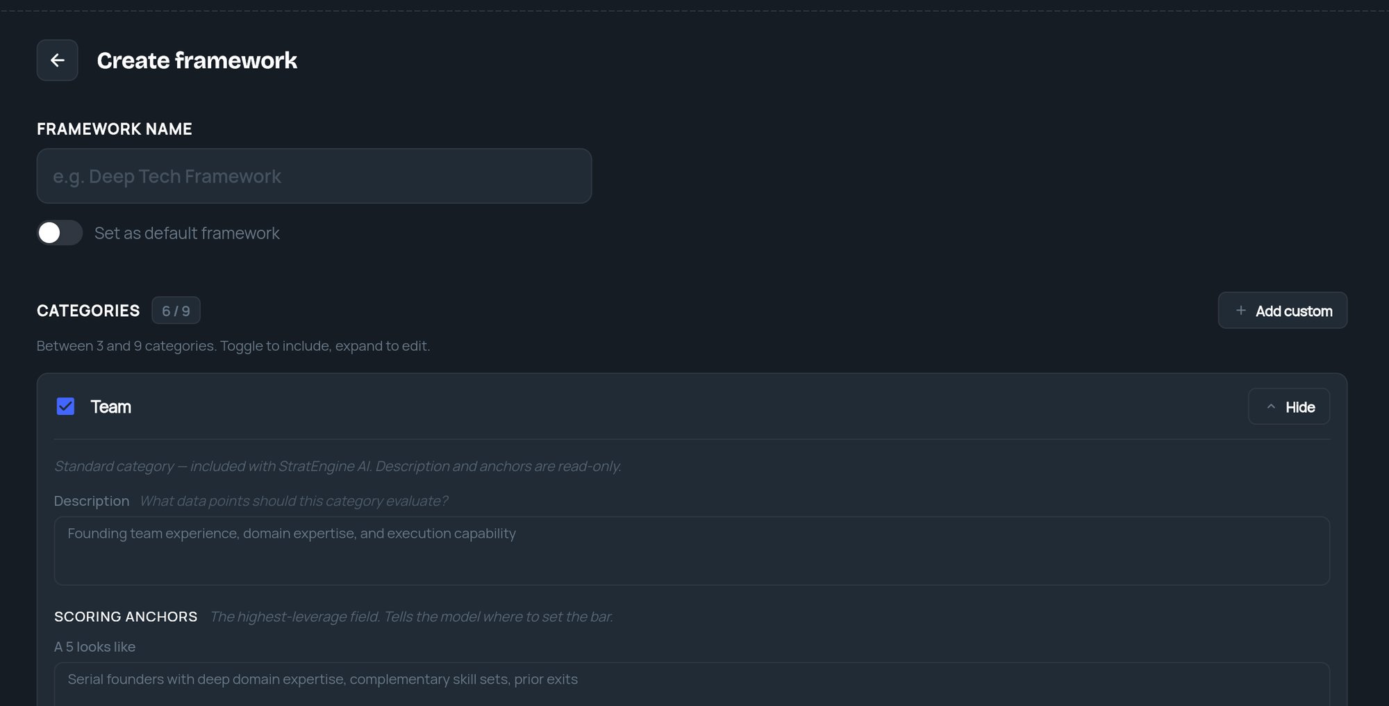 The Create framework page with the framework name, Set as default framework and an expanded category showing its scoring anchors