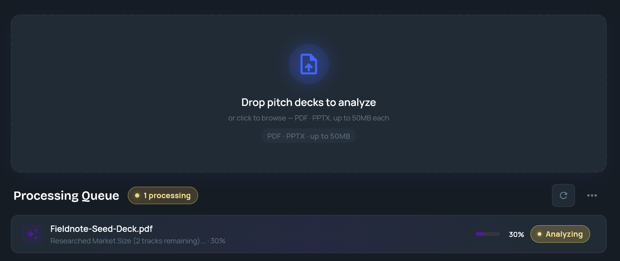 The Upload page with the drop zone and a deck Analyzing in the Processing Queue with its progress