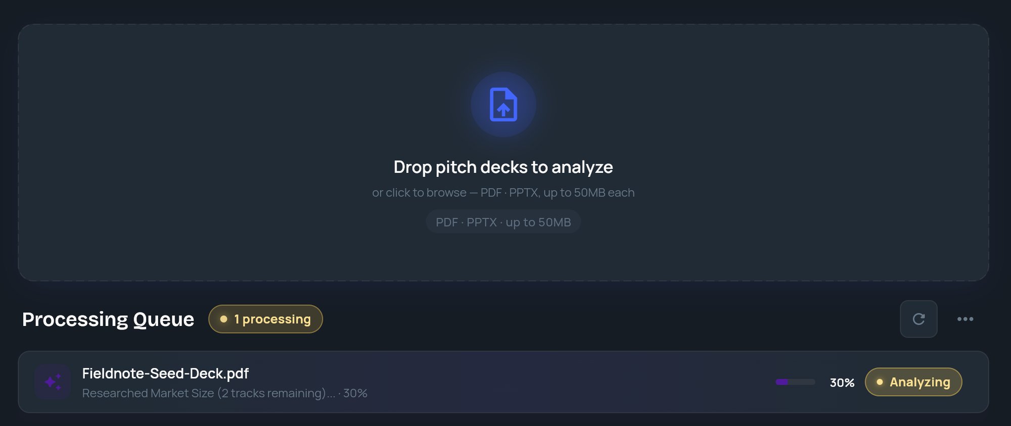 The Upload page with the drop zone and a deck Analyzing in the Processing Queue with its progress
