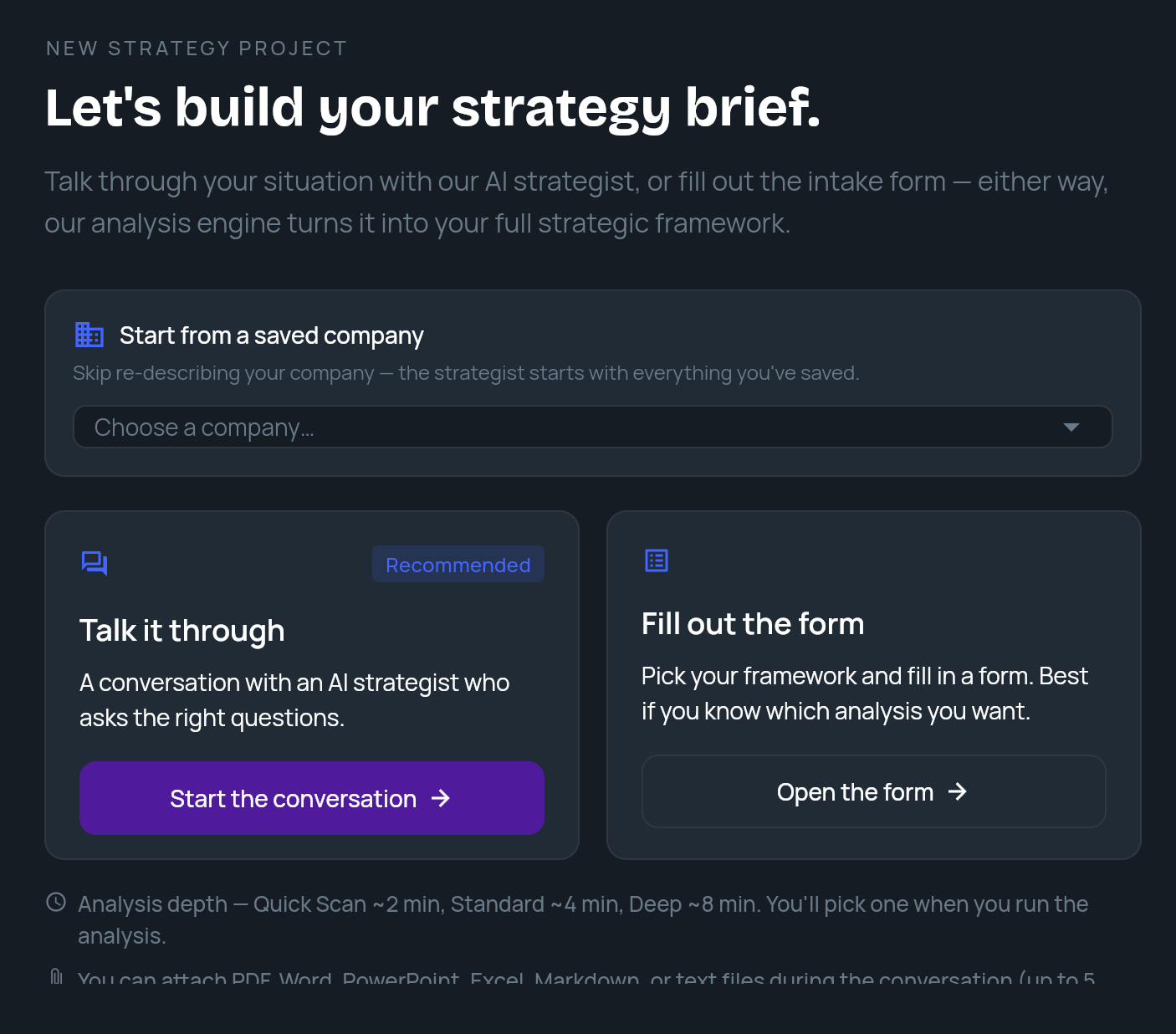 The Strategy Builder start screen showing the Start from a saved company picker above the Talk it through and Fill out the form cards