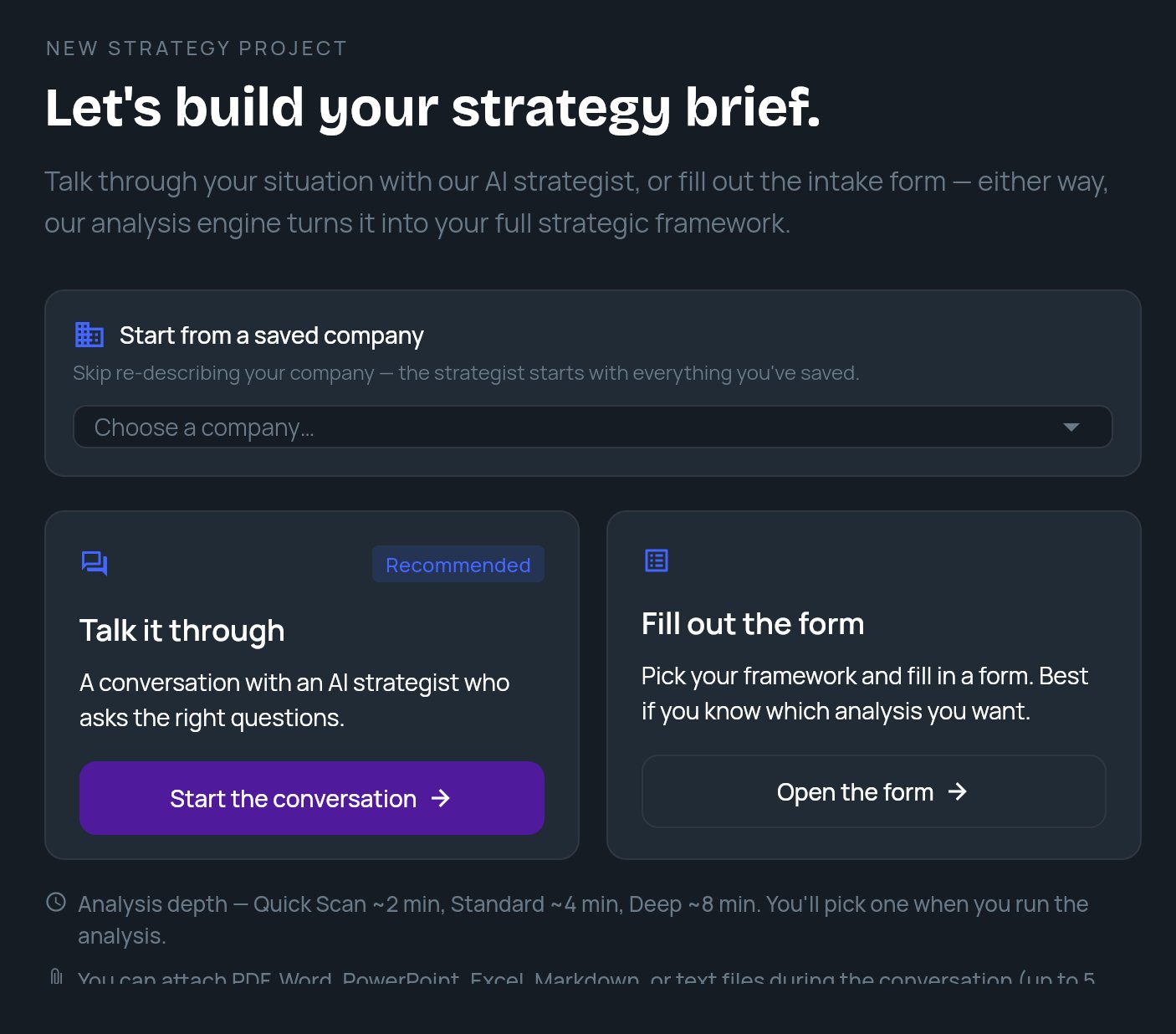 The Strategy Builder start screen with the saved-company picker and the Talk it through and Fill out the form options