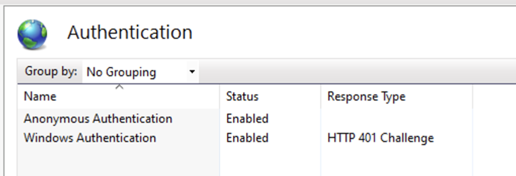 IIS Authentication settings showing Anonymous Authentication and Windows Authentication both enabled for the WCA application