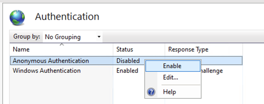 IIS Authentication settings showing Anonymous Authentication enabled after upgrading to WCA v2.x
