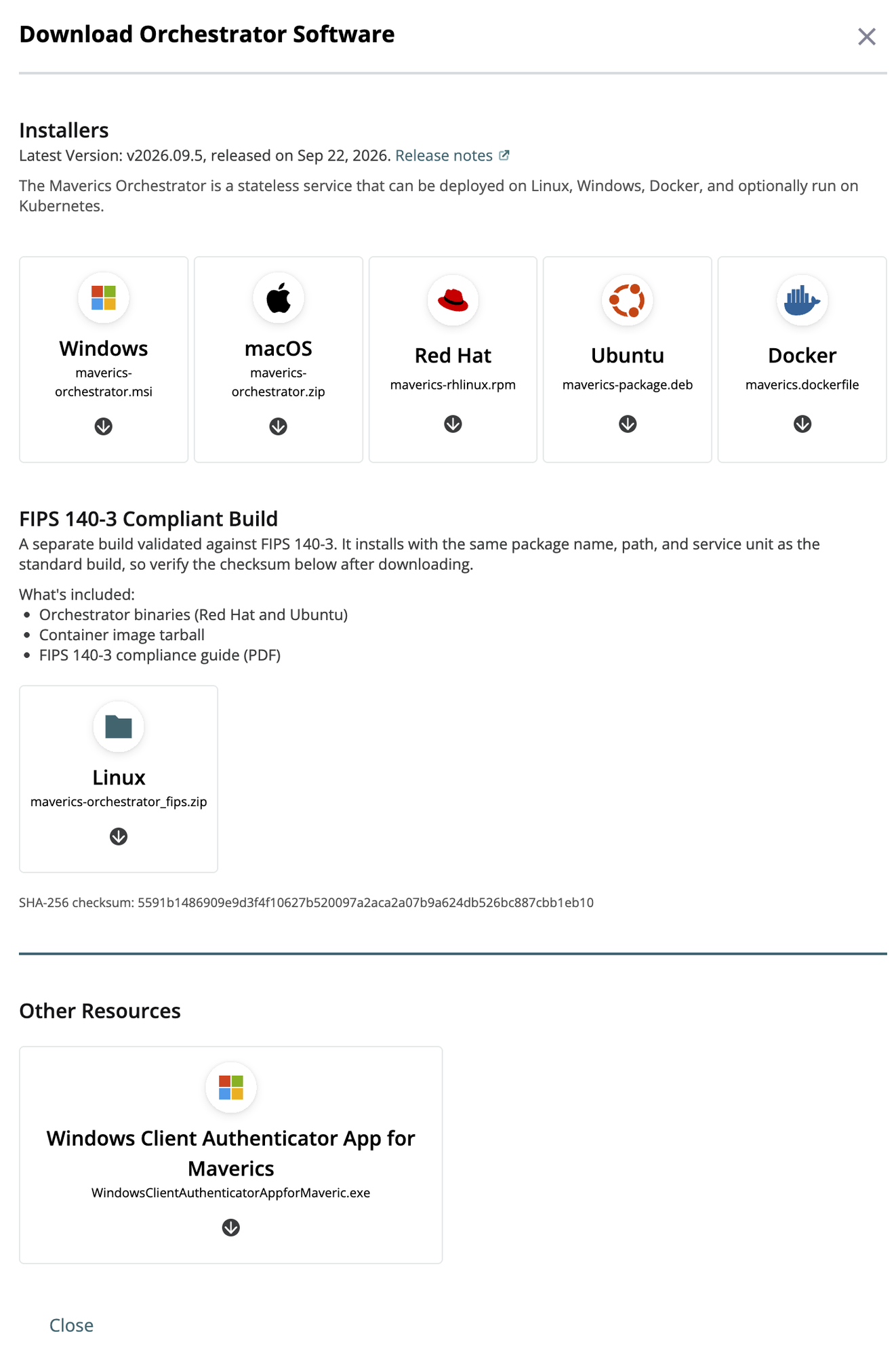 Download Orchestrator Software modal showing the FIPS 140-3 Compliant Build section with a Linux download card for maverics-orchestrator_fips.zip and a SHA-256 checksum