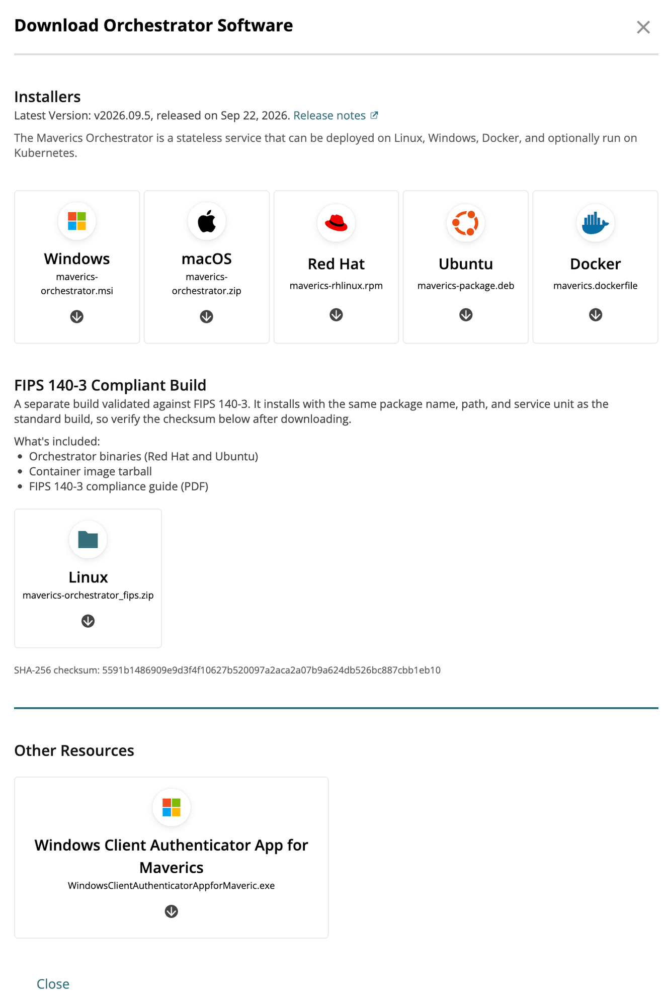 Download Orchestrator Software modal showing the FIPS 140-3 Compliant Build section with a Linux download card for maverics-orchestrator_fips.zip and a SHA-256 checksum