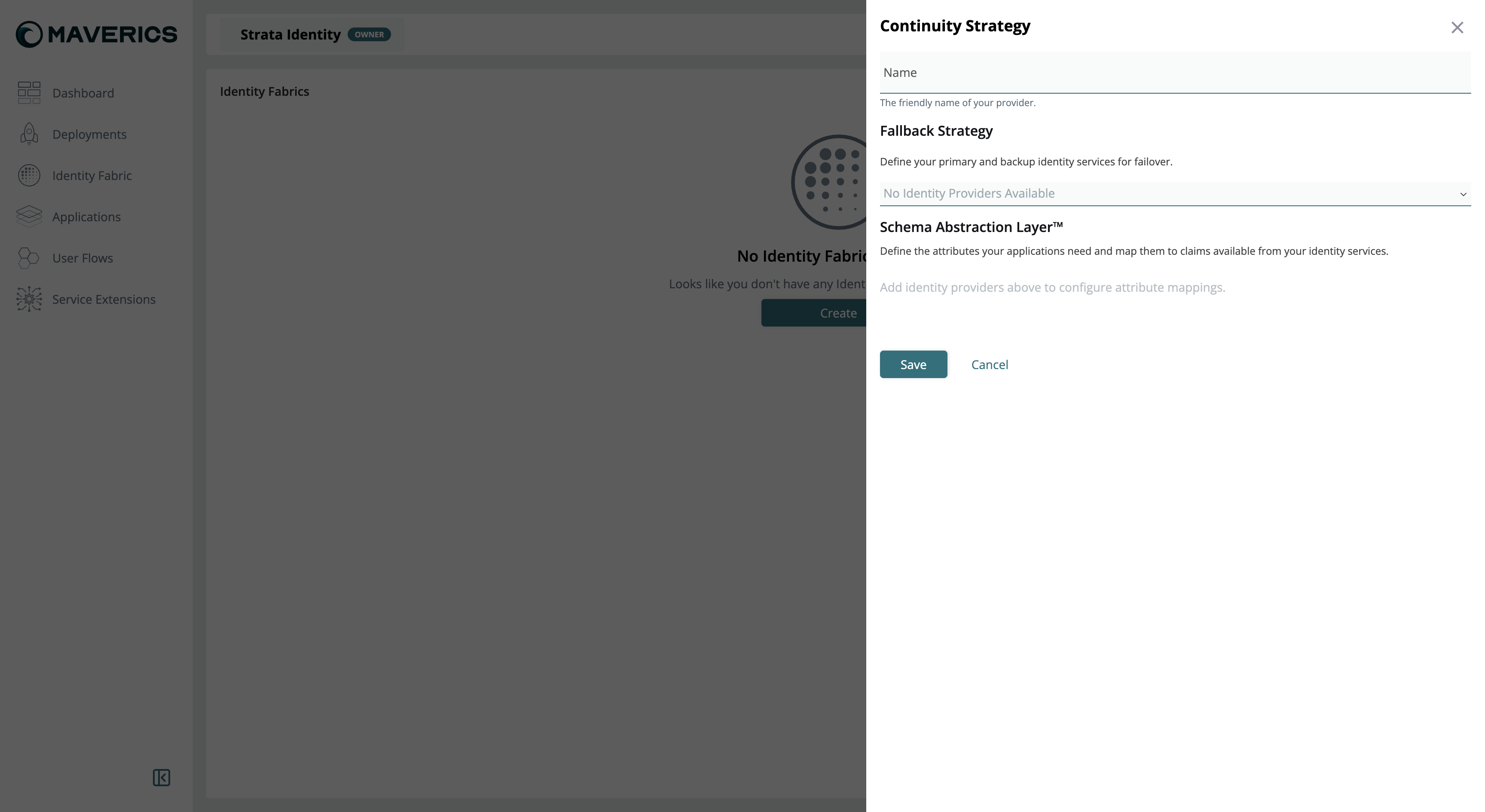Maverics Console showing the Continuity Strategy creation dialog with Name, Fallback Strategy, and Schema Abstraction Layer sections