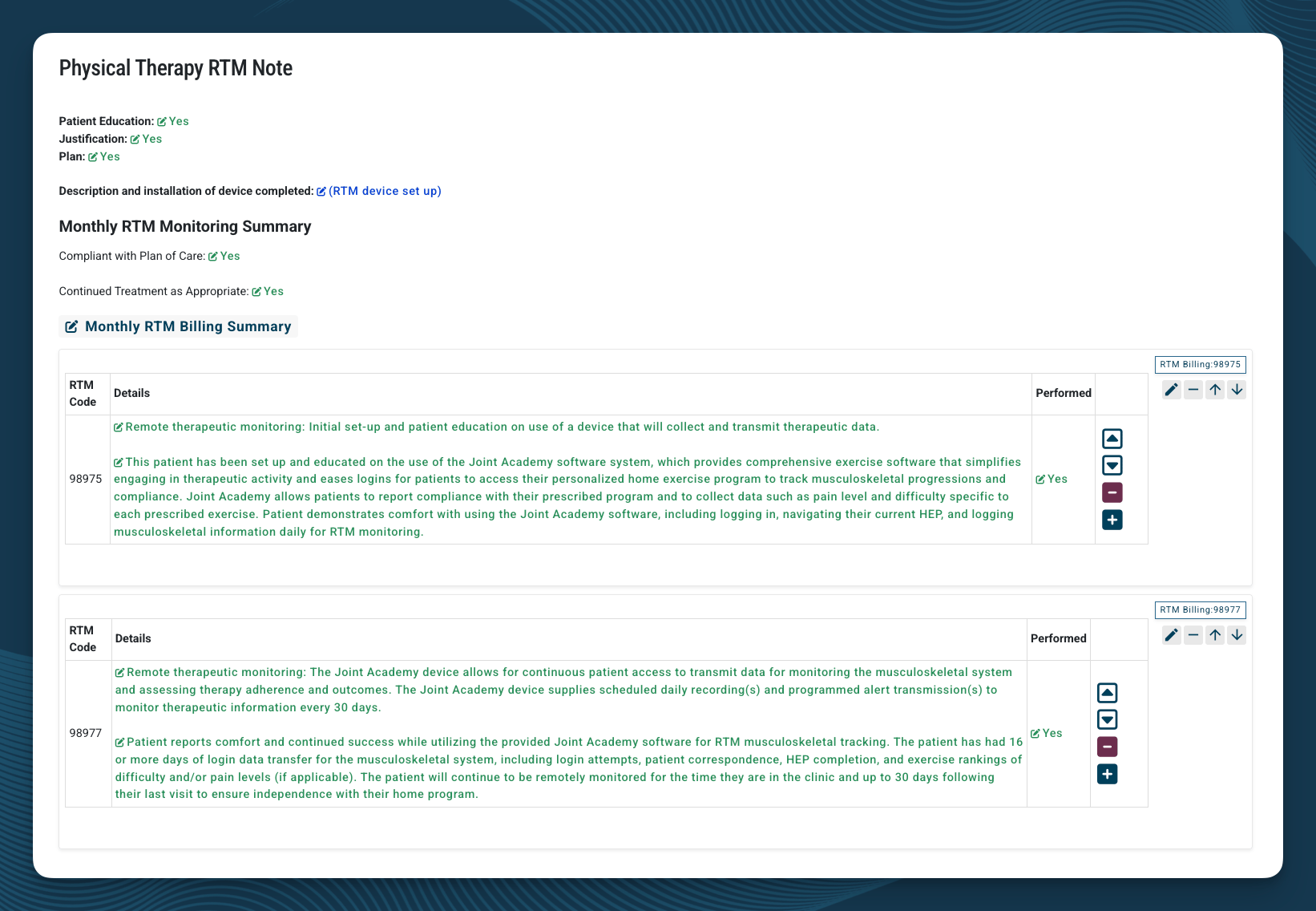 Screenshot of the RTM 30-Day Documents, showing an interactive clinical documentation experience