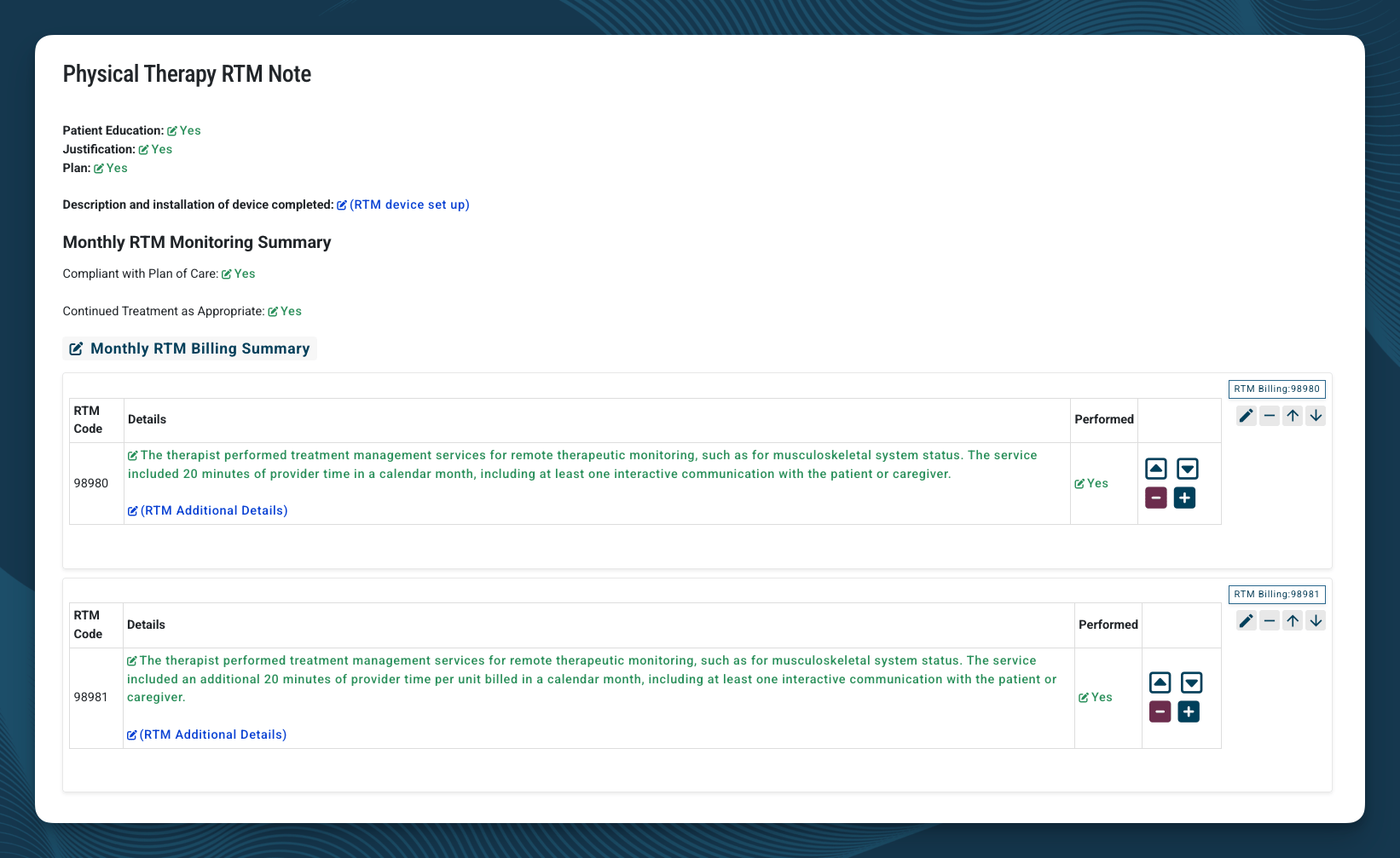 Screenshot of the RTM Monthly Documents, showing an interactive clinical documentation experience