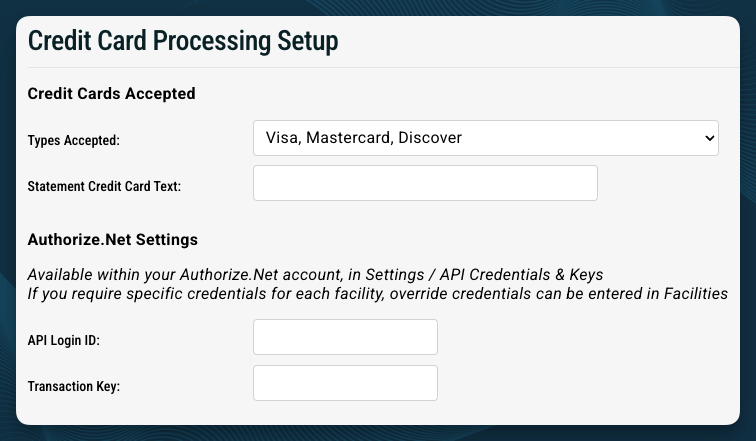 Credit Card Processing tab showing API Login ID and Transaction Key fields