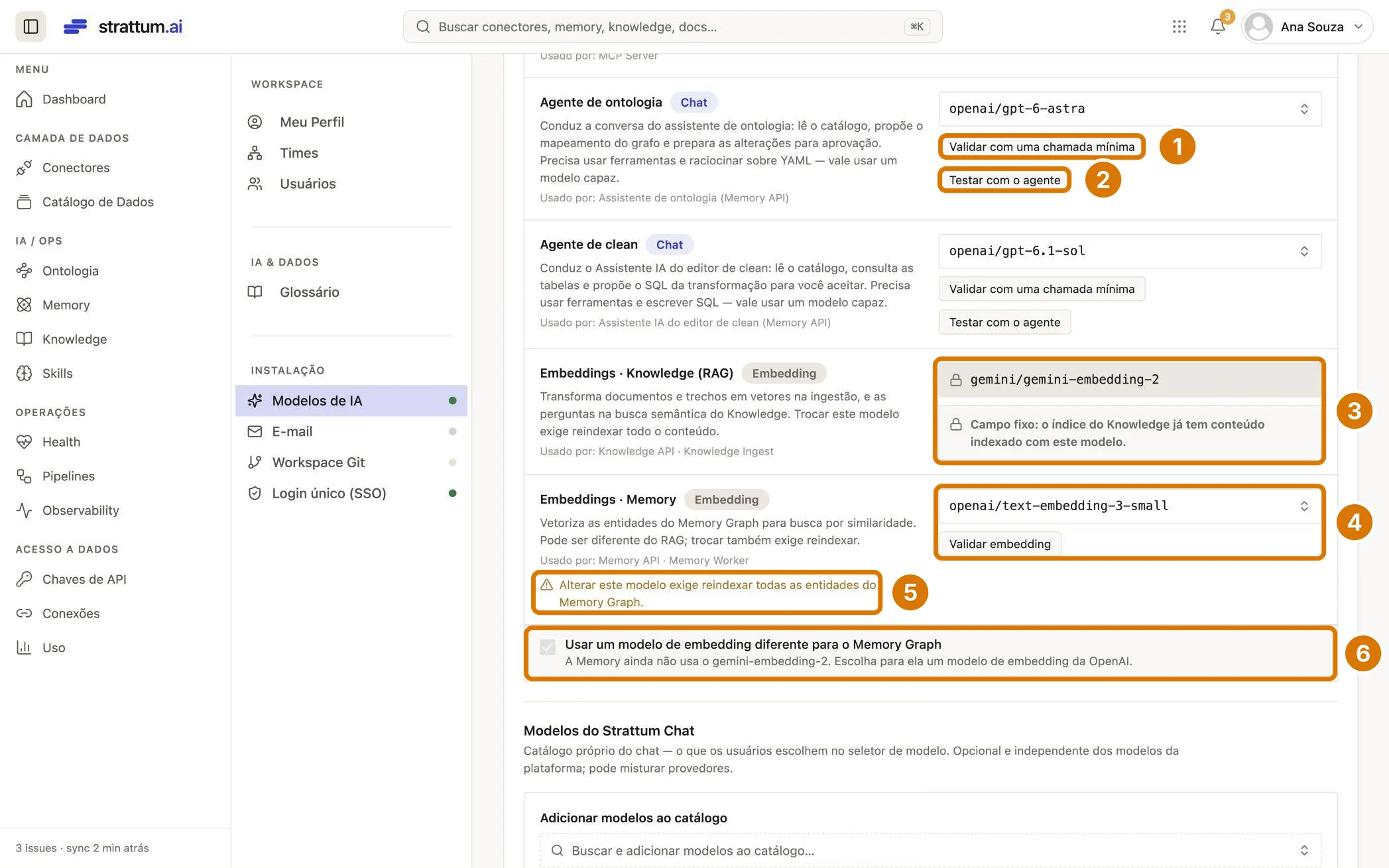 Agente de ontologia e Agente de clean com os botões Validar com uma chamada mínima e Testar com o agente, e os campos de embedding do Knowledge e do Memory