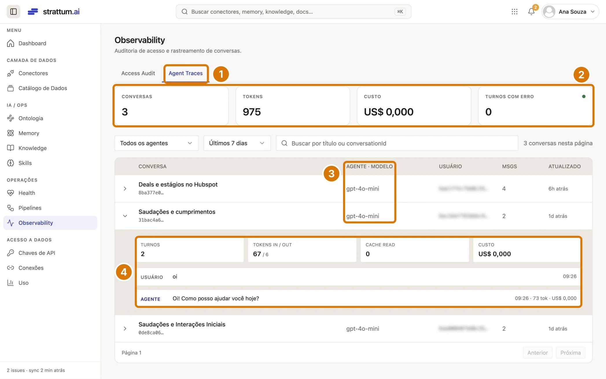 Observability, aba Agent Traces, com o resumo de conversas, tokens e turnos com erro, a coluna Agente · Modelo e o detalhe de uma conversa