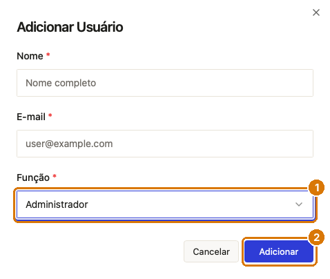 Janela Adicionar Usuário com os campos Nome, E-mail e Função, e o botão Adicionar