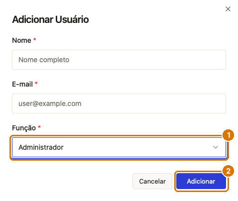 Janela Adicionar Usuário com os campos Nome, E-mail e Função, e o botão Adicionar