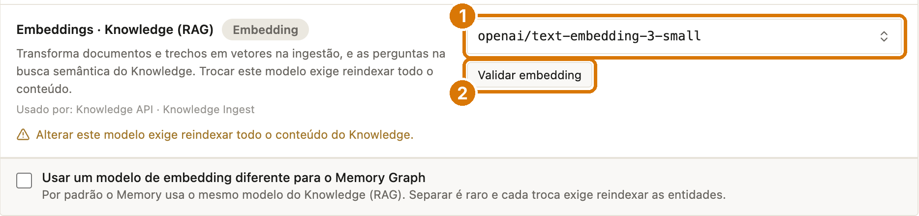 Função Embeddings Knowledge RAG com o seletor de modelo, o botão Validar embedding e a opção do Memory Graph