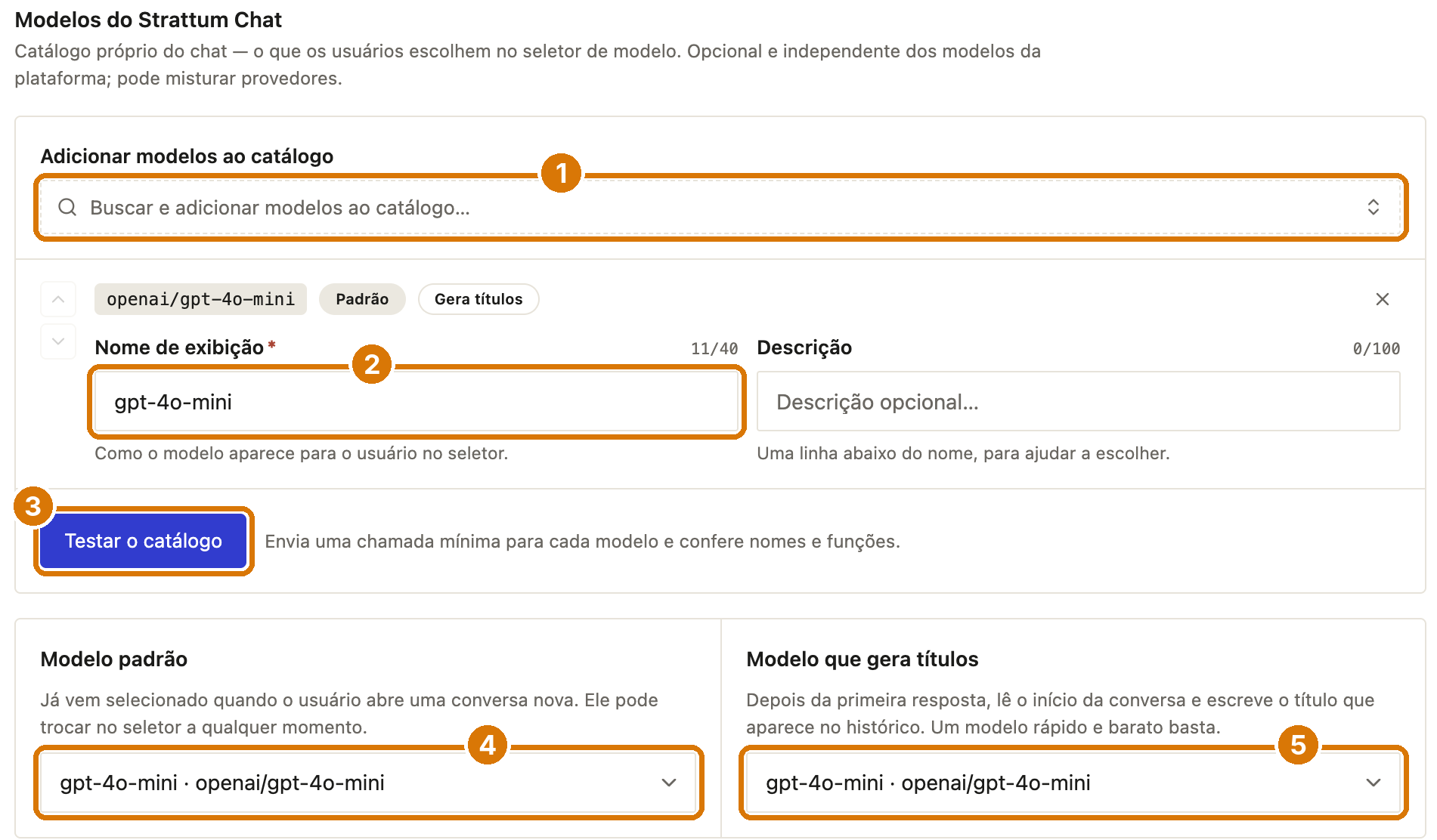 Bloco Modelos do Strattum Chat com a busca de modelos, o nome de exibição, o botão Testar o catálogo, o modelo padrão e o modelo que gera títulos