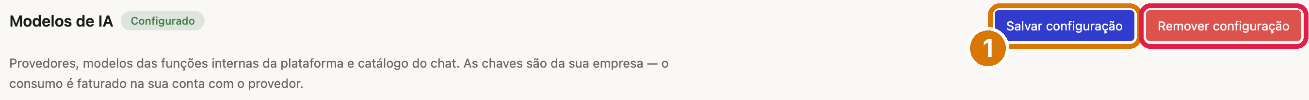 Cabeçalho da página Modelos de IA com o selo Configurado e os botões Salvar configuração e Remover configuração