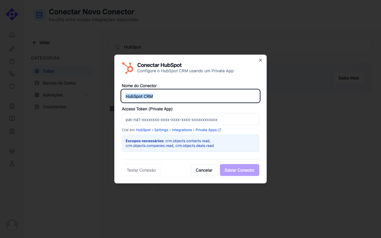 Modal de configuração do conector HubSpot