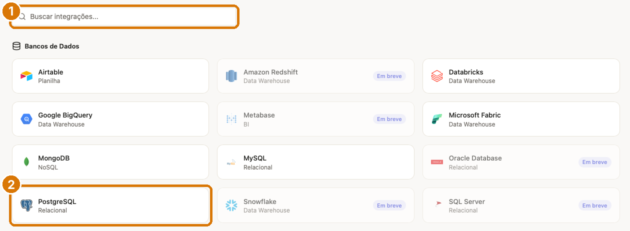 Tela Conectar Novo Conector com a busca de integrações e os cards de bancos de dados