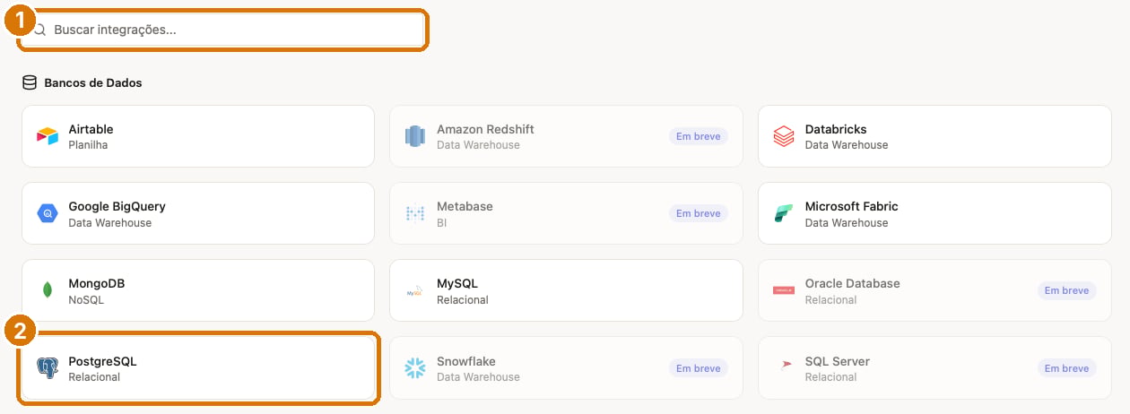 Tela Conectar Novo Conector com a busca de integrações e os cards de bancos de dados