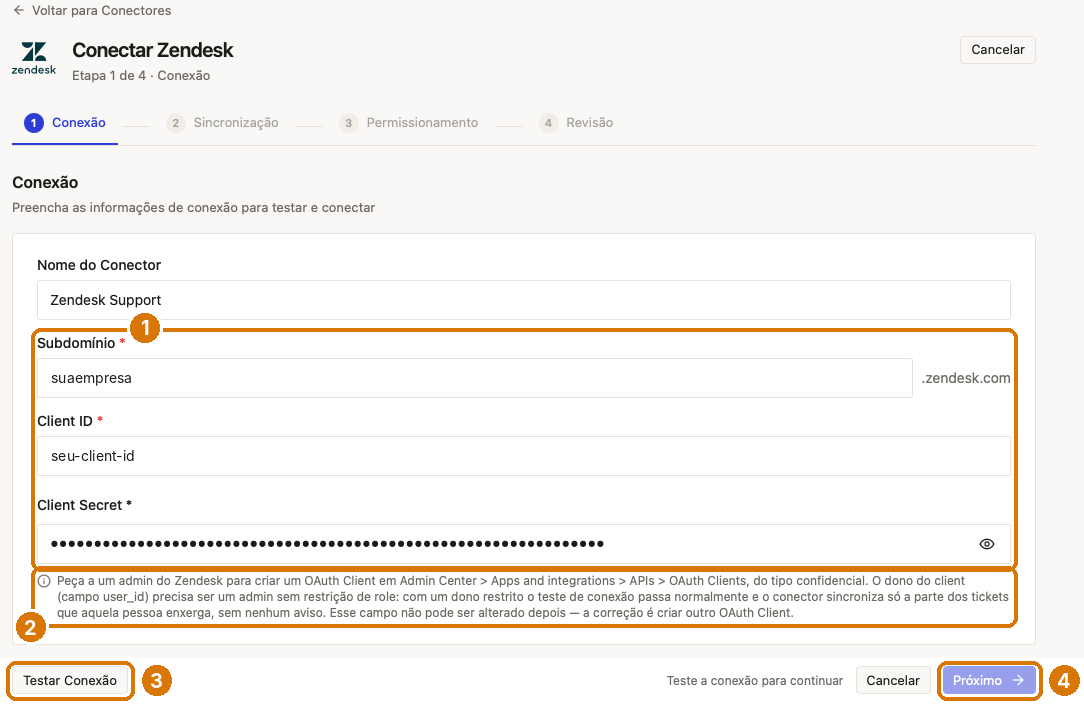 Etapa Conexão do Zendesk com os campos Nome do Conector, Subdomínio, Client ID e Client Secret