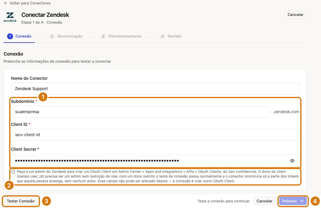 Etapa Conexão do Zendesk com os campos Nome do Conector, Subdomínio, Client ID e Client Secret