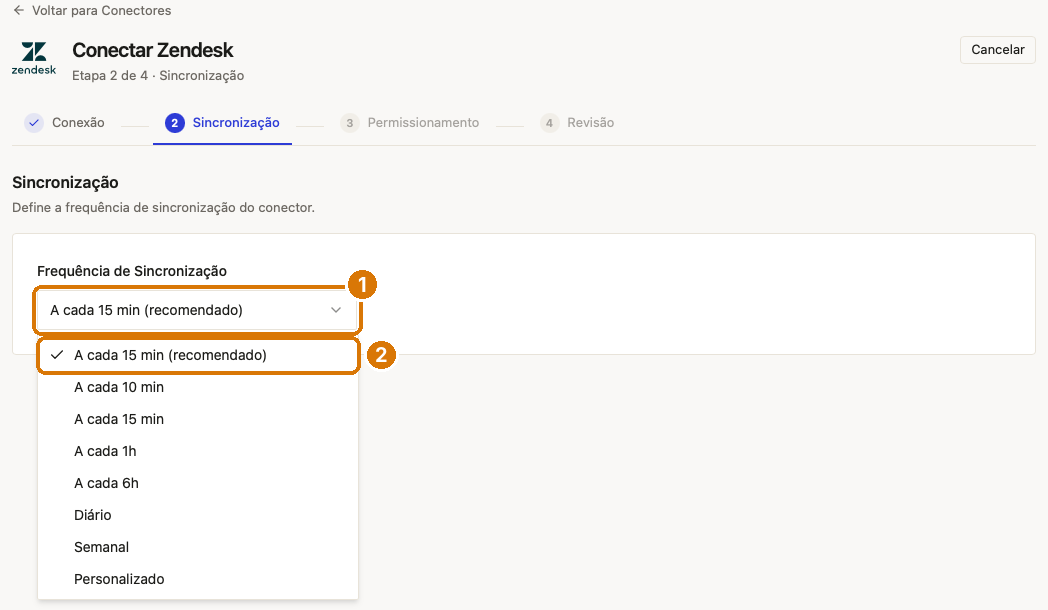 Etapa Sincronização com a lista de frequências aberta