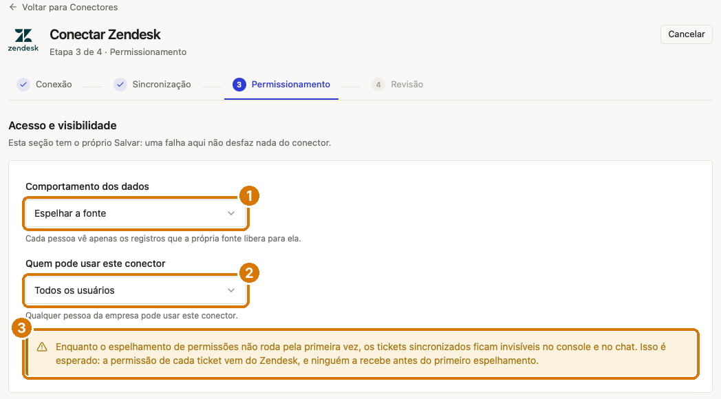 Etapa Permissionamento com os campos Comportamento dos dados e Quem pode usar este conector e um aviso sobre o espelhamento