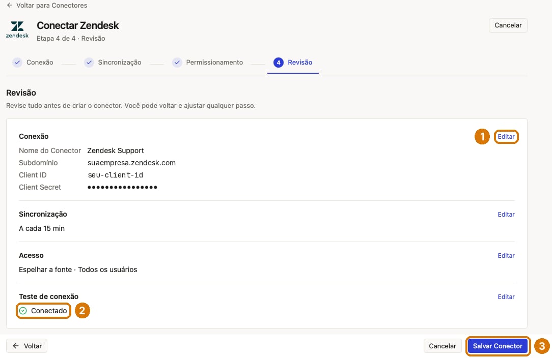 Etapa Revisão com as seções Conexão, Sincronização, Acesso e Teste de conexão