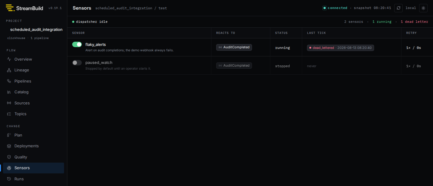 Sensors list with toggles, event triggers, and last-tick outcomes