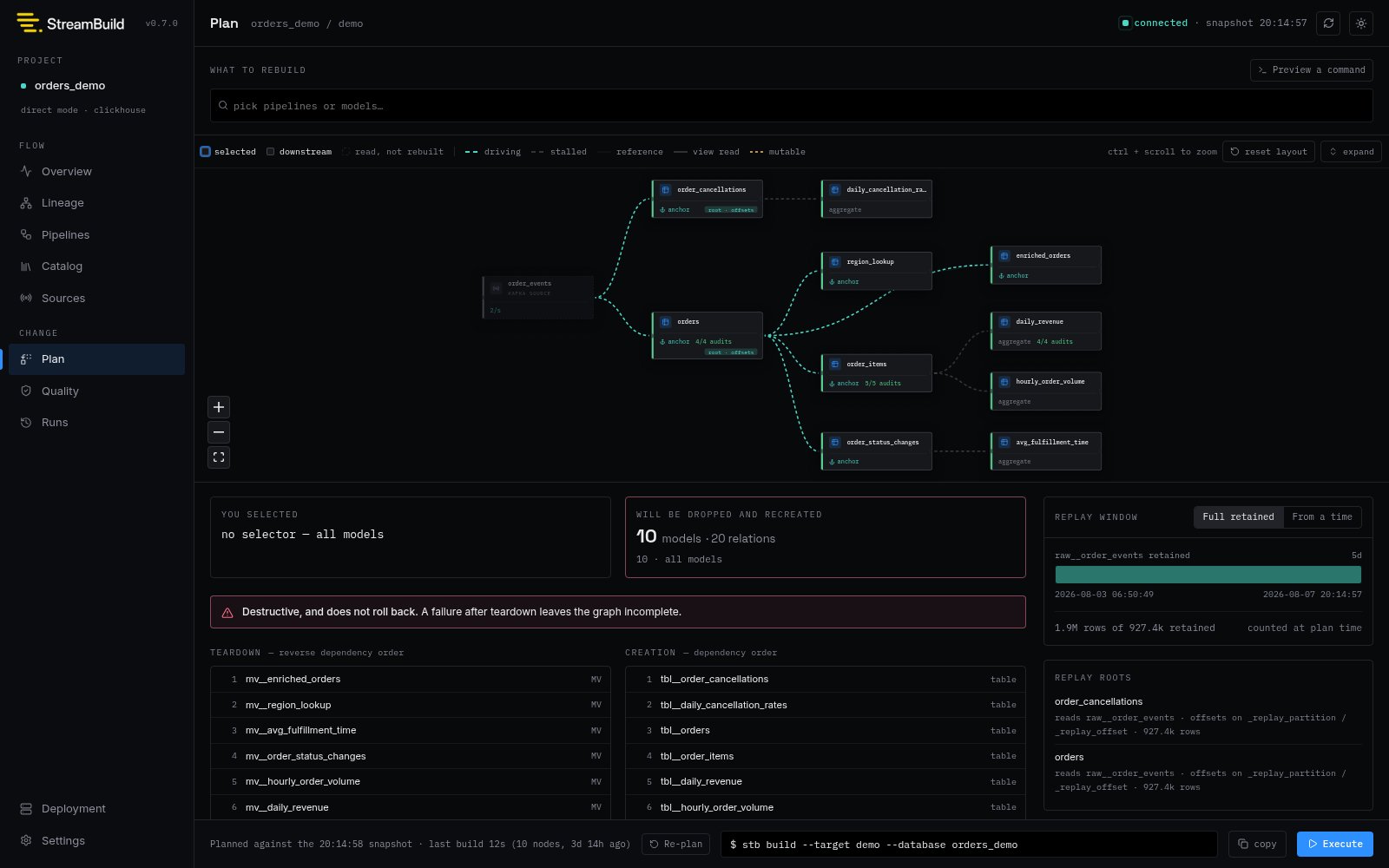Direct rebuild plan in the StreamBuild development UI