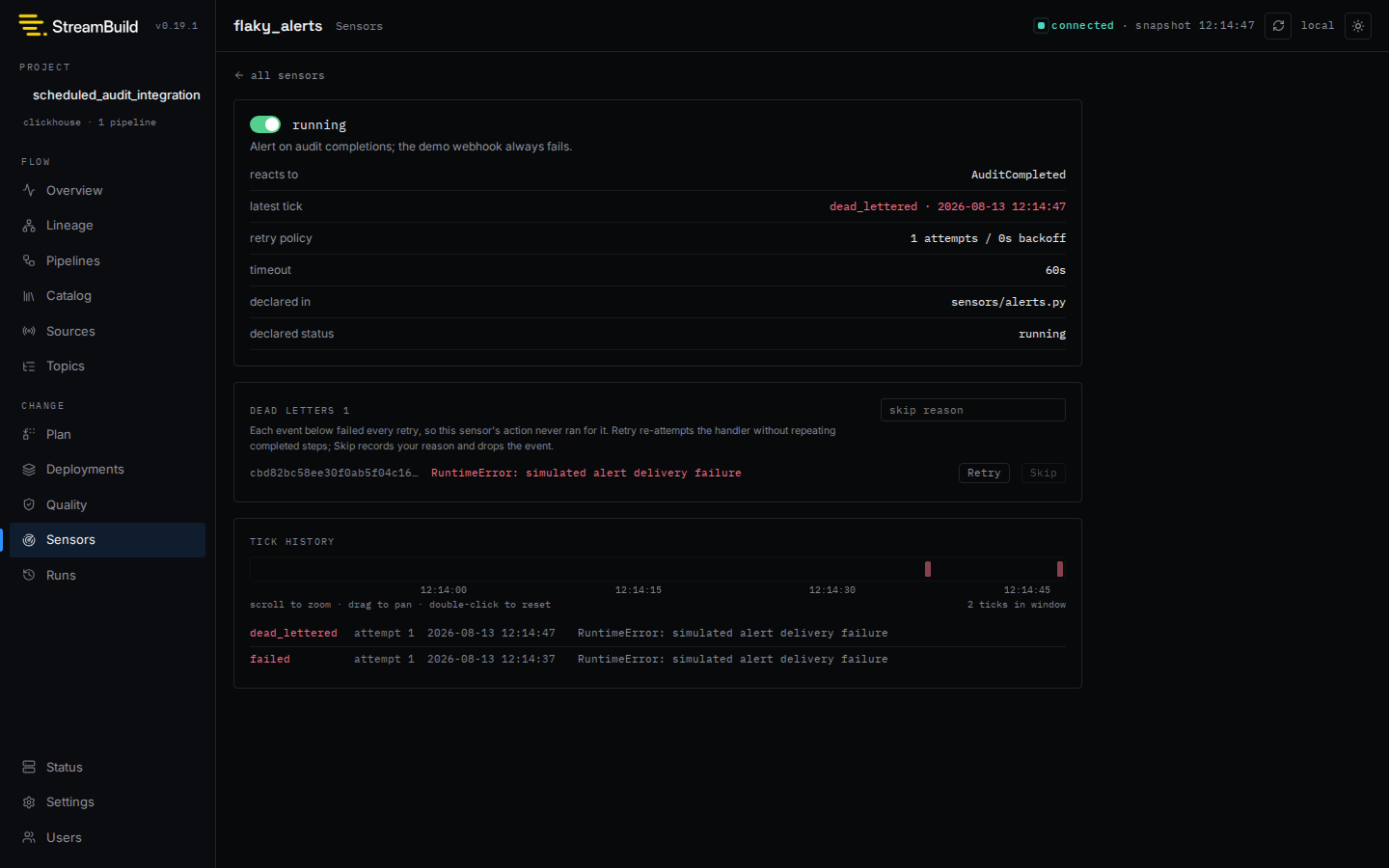 Sensor detail page with status toggle, configuration facts, dead letters, and tick history