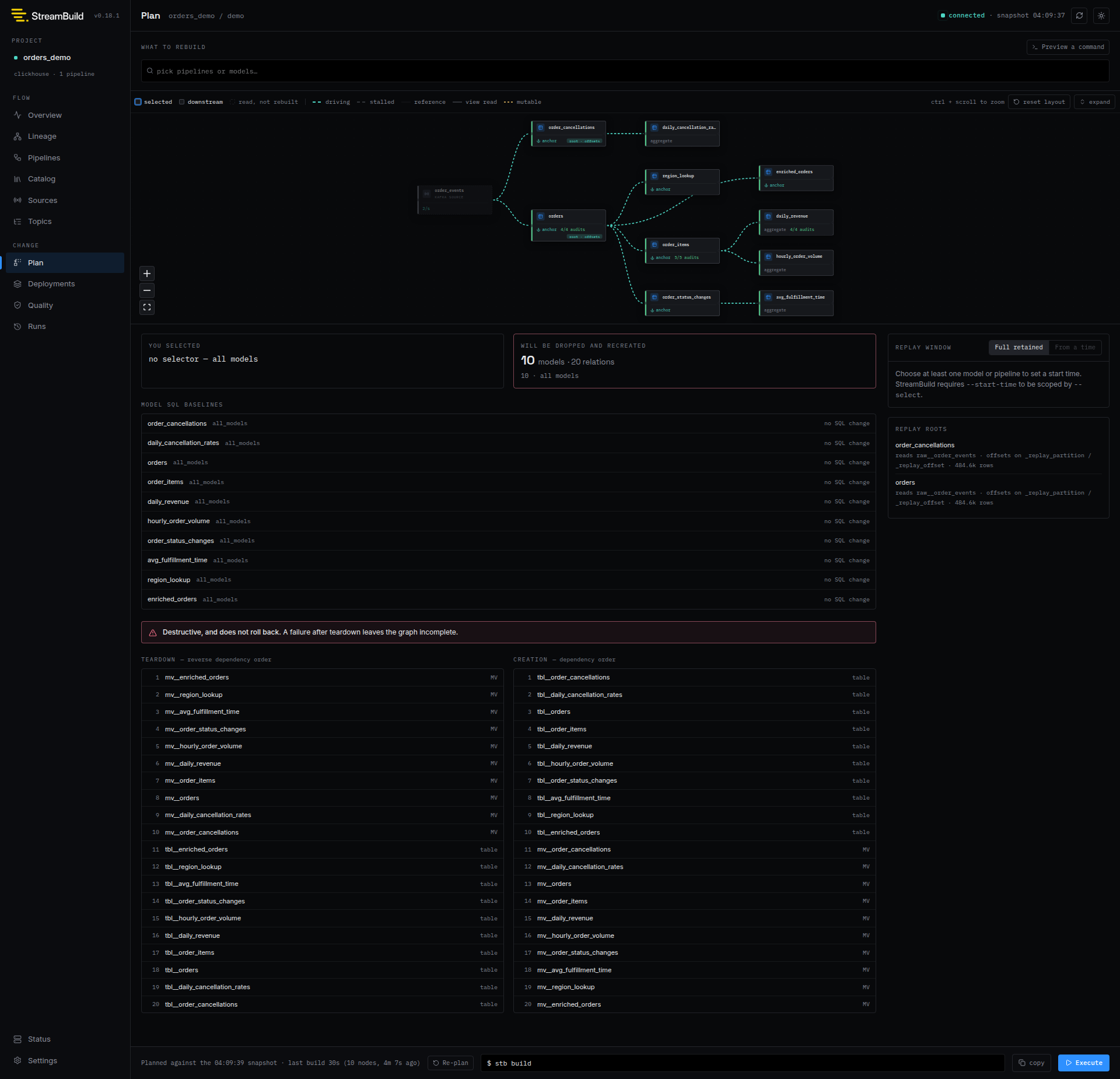 Direct rebuild plan in the StreamBuild development UI